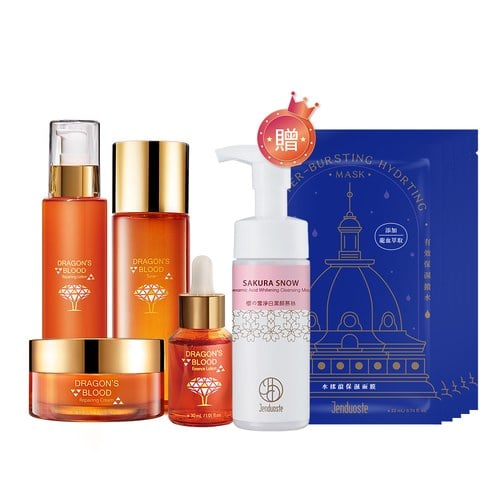 龍血求麗化妝水120mL+精華30mL+修護乳80mL+修護霜35mL 贈 櫻の雪淨白潔顏慕絲150mL+水搖滾保濕面膜*5